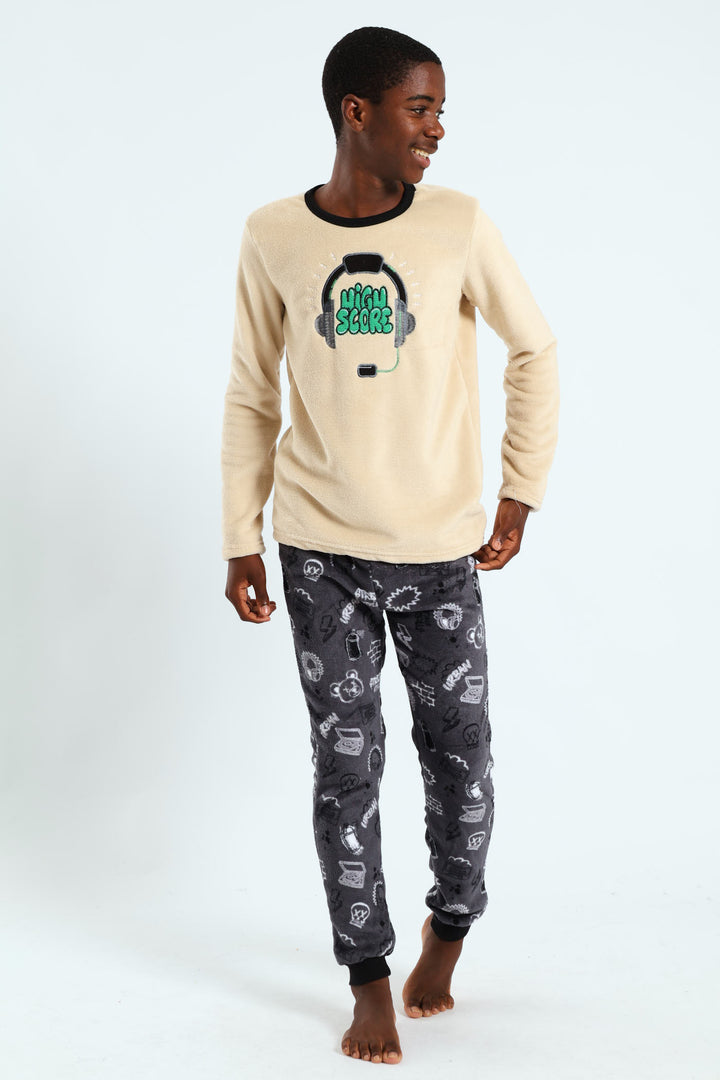 Boys Coral Fleece Graffiti Headsets Sleep Set - Nude