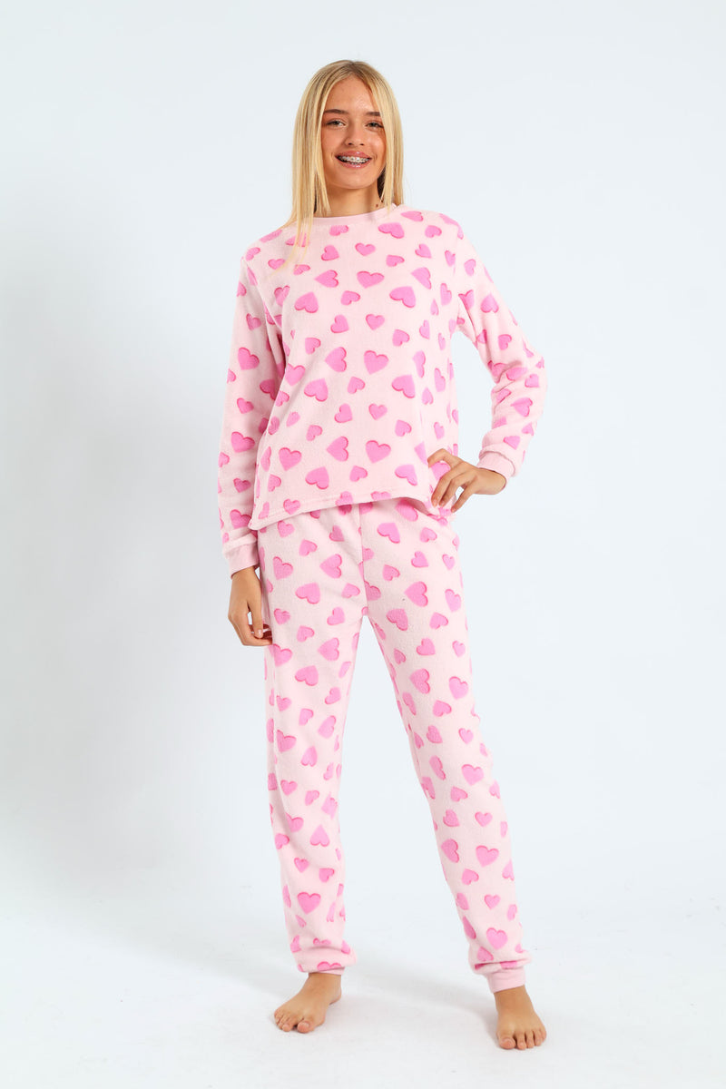 Girls Coral Fleece Strawberries & Hearts Sleep Set - Pink