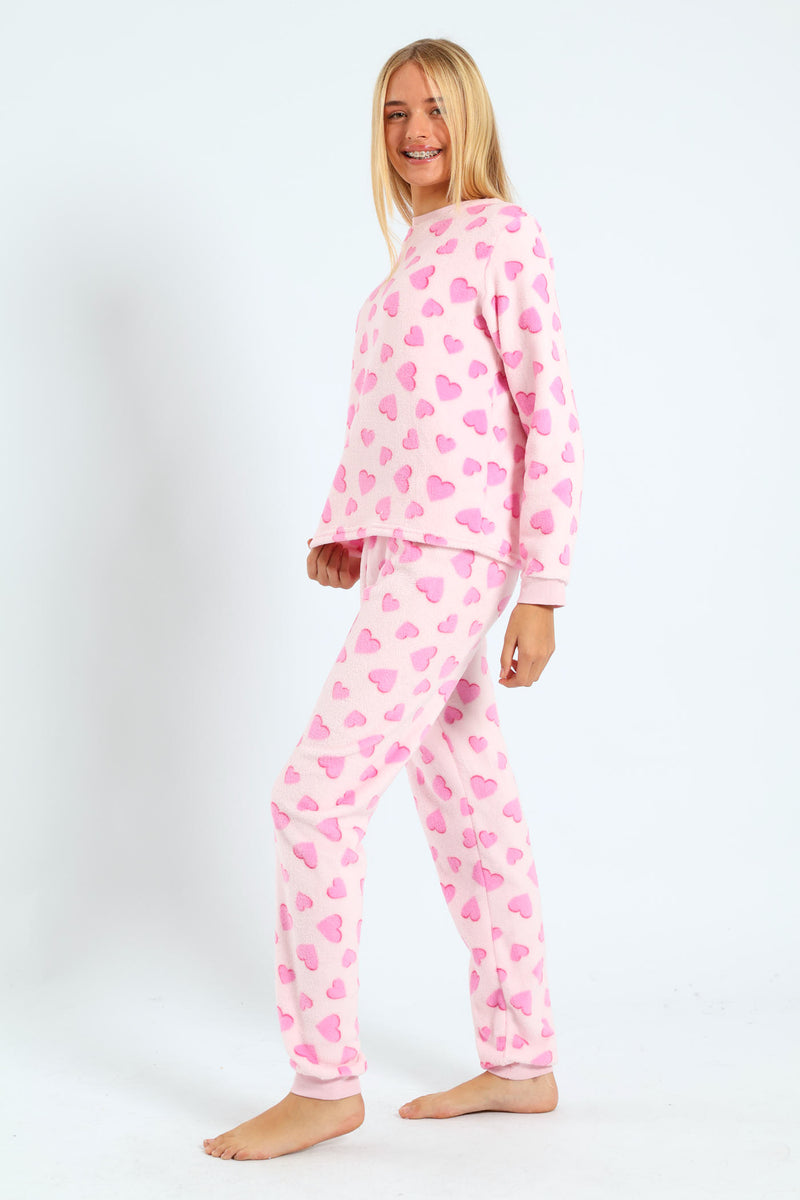 Girls Coral Fleece Strawberries & Hearts Sleep Set - Pink