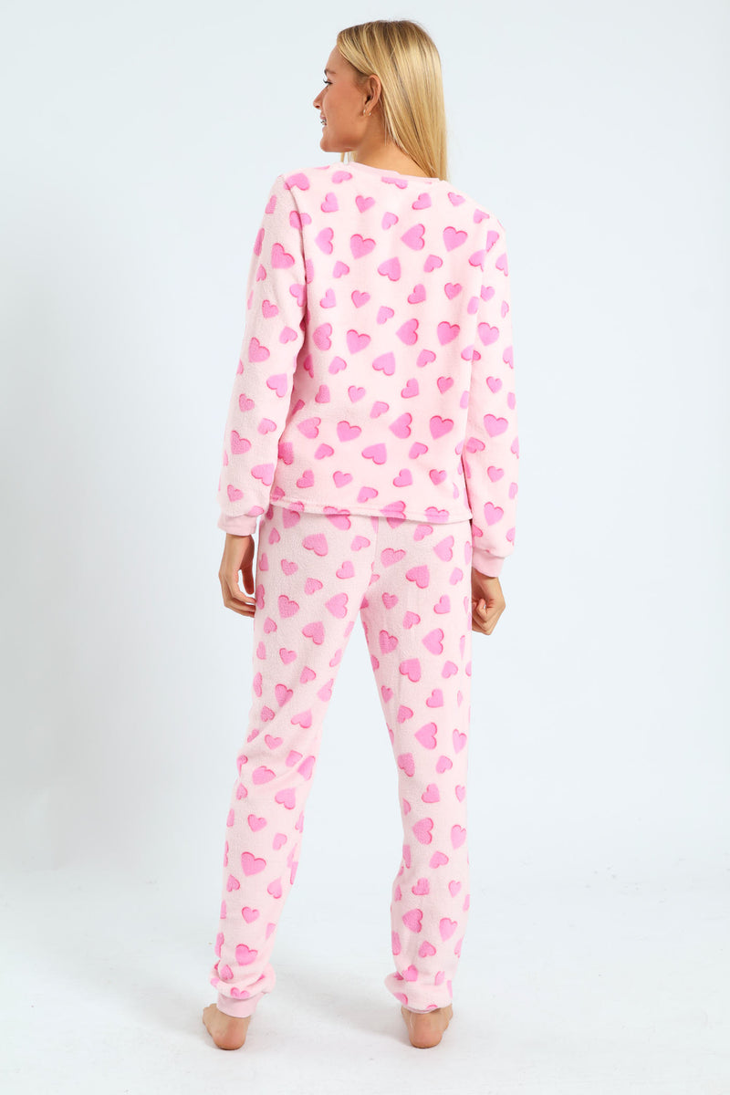 Girls Coral Fleece Strawberries & Hearts Sleep Set - Pink
