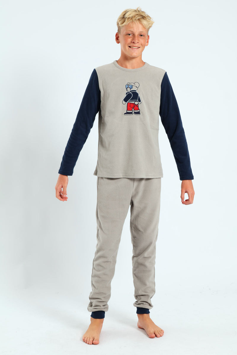 Boys Micro Fleece Bear Raglan Sleeve Sleep Set - Grey