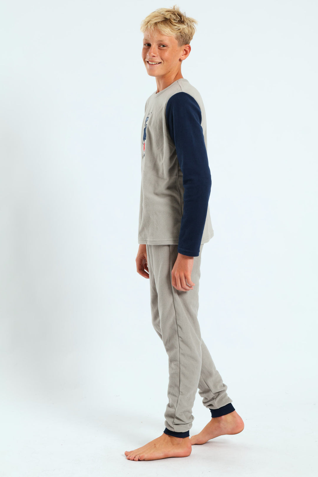 Boys Micro Fleece Bear Raglan Sleeve Sleep Set - Grey