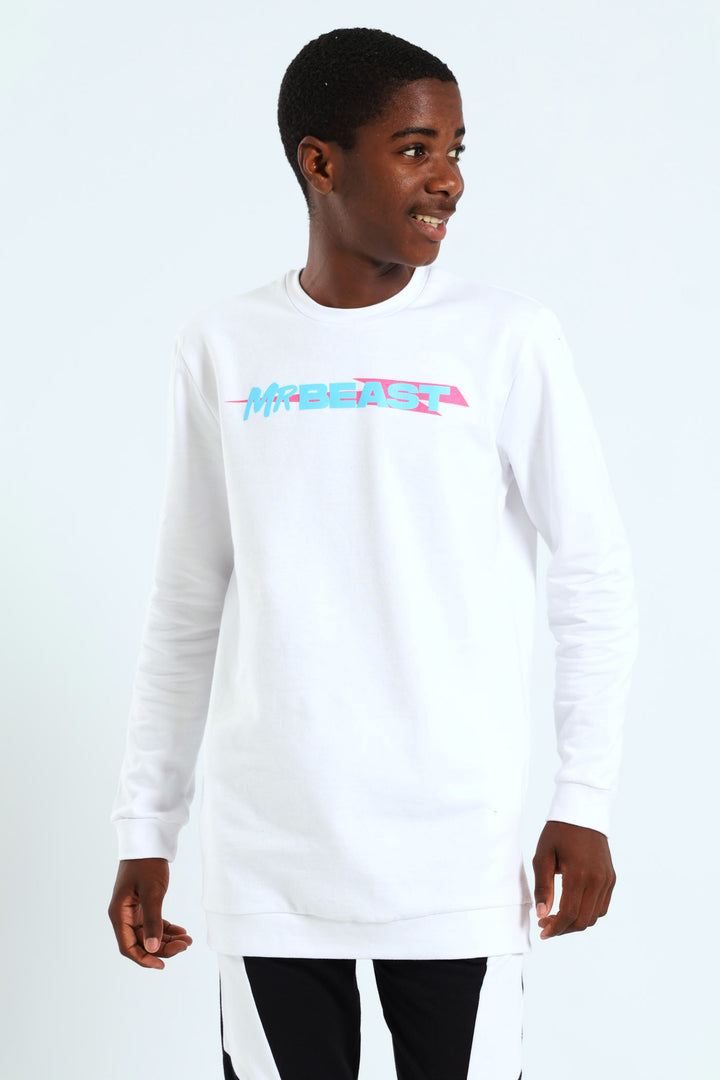 Boys Mr Beast Front & Back Crew Top - White