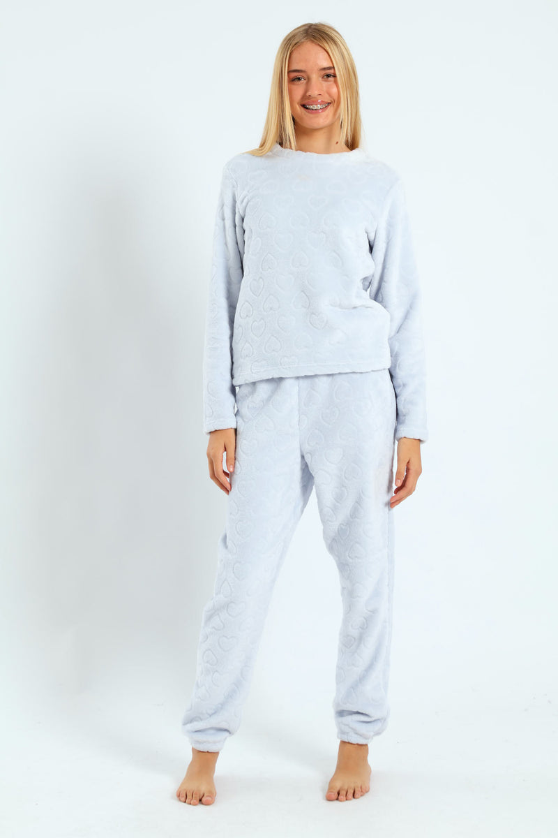 Girls Embossed Heart Coral Fleece Sleep Set - Blue