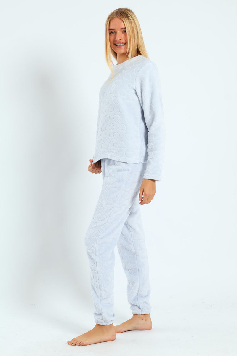 Girls Embossed Heart Coral Fleece Sleep Set - Blue