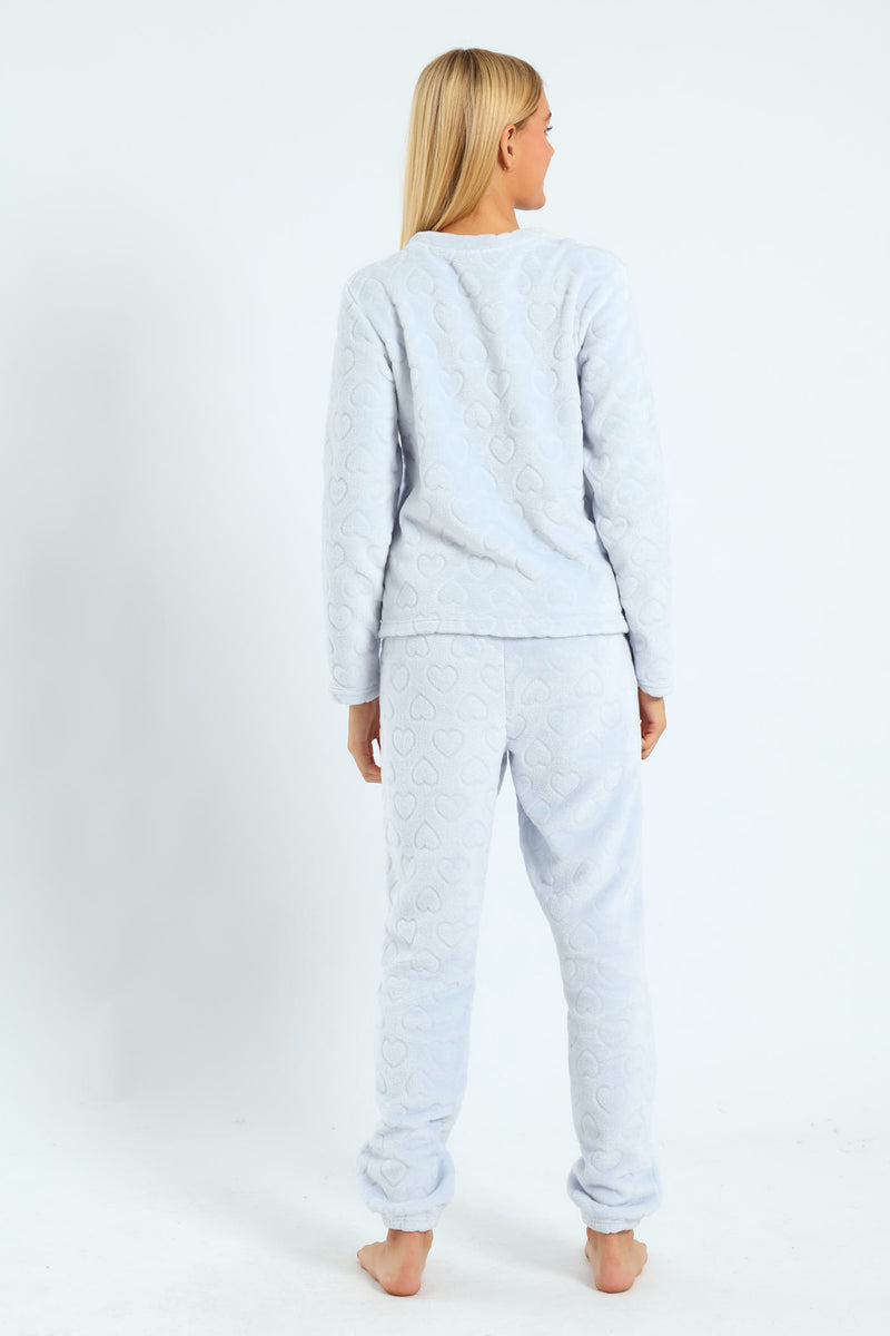 Girls Embossed Heart Coral Fleece Sleep Set - Blue