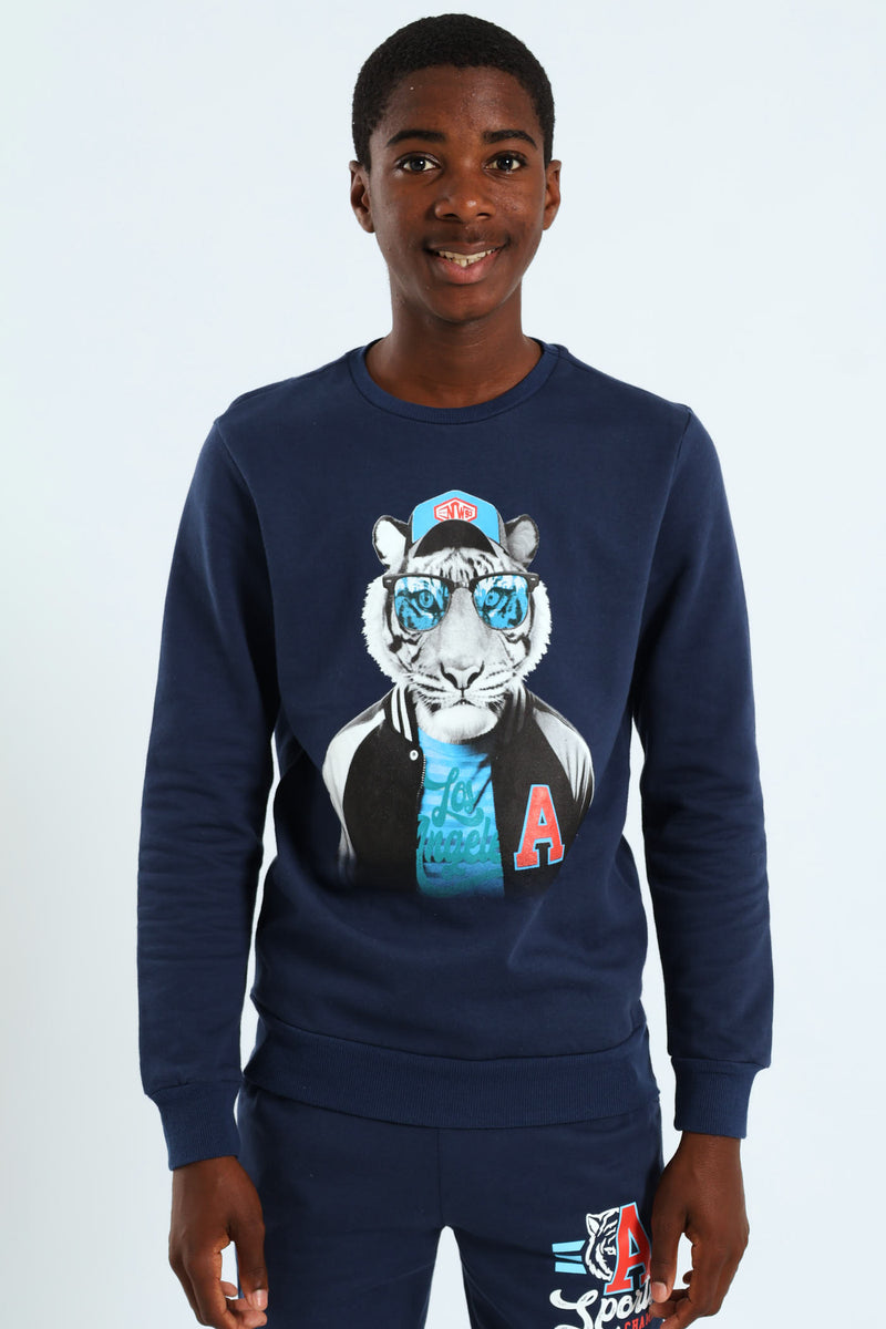 Boys Tiger Crew Top - Navy