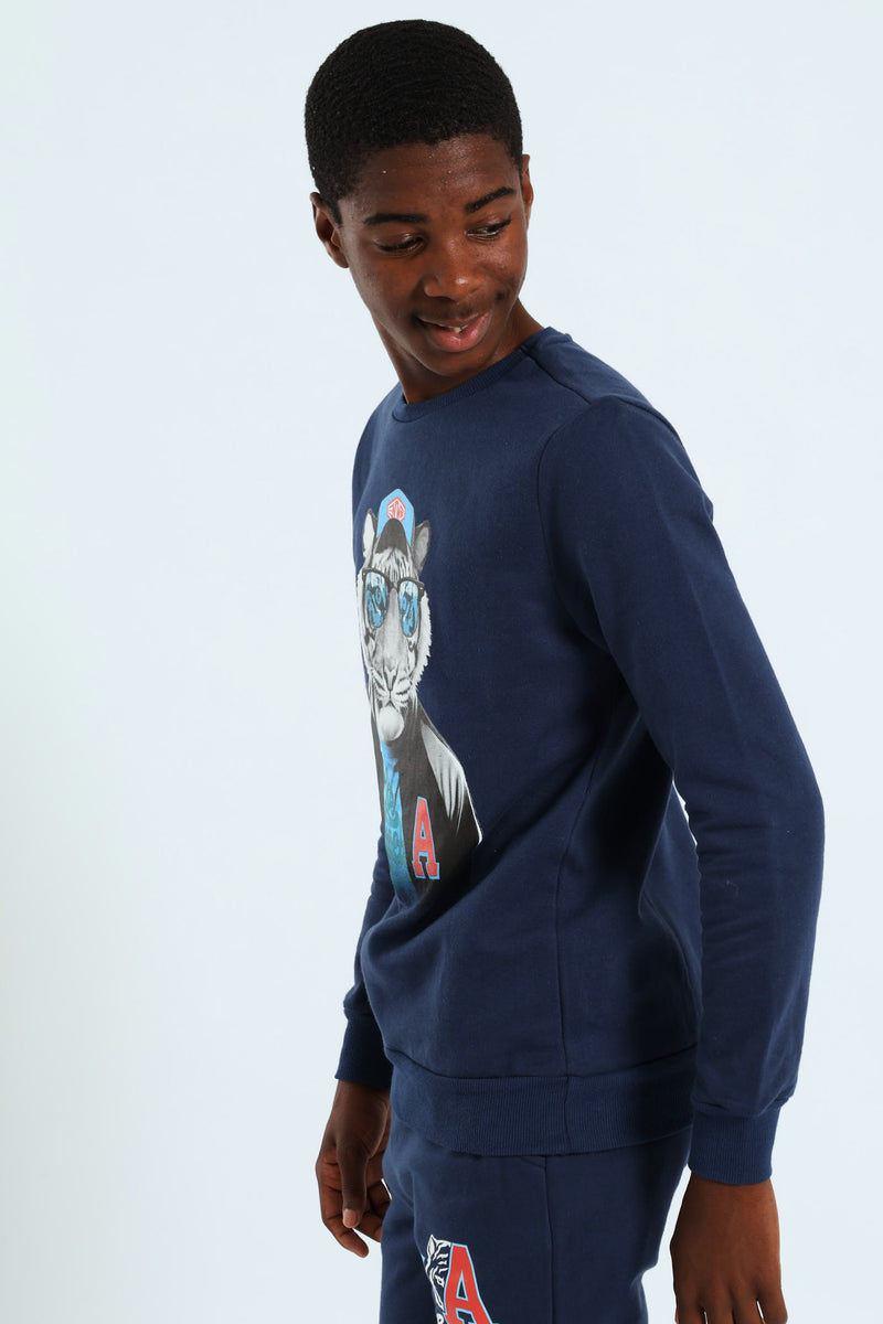 Boys Tiger Crew Top - Navy