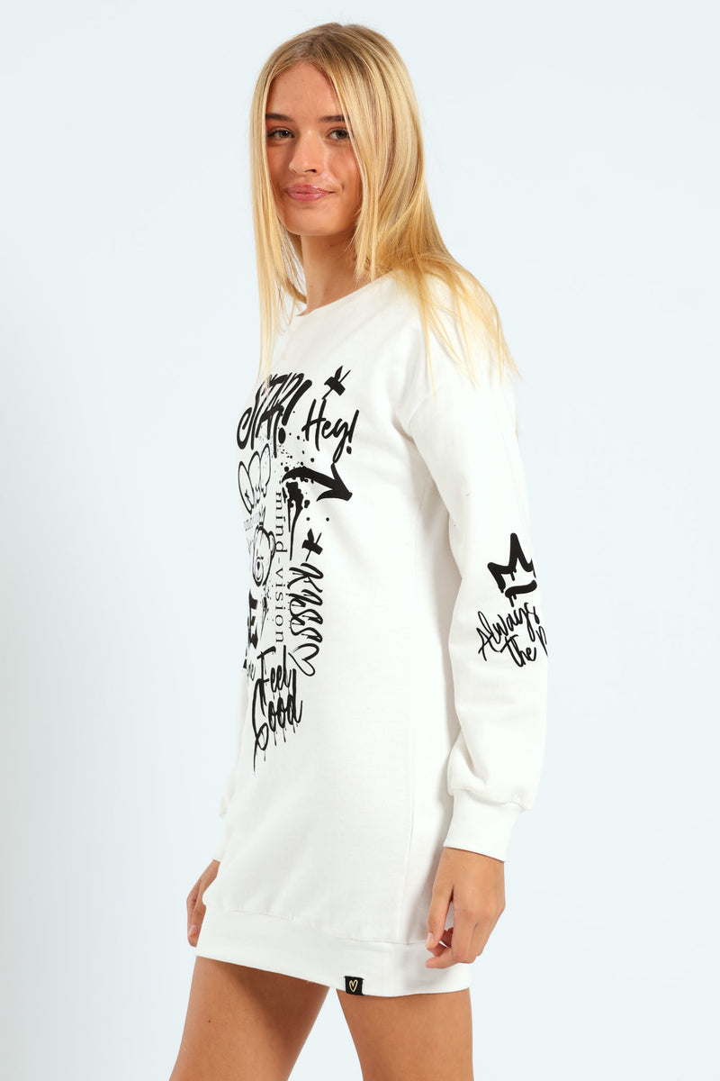Girls Graffiti Fleece Hoodie Dress - Cream