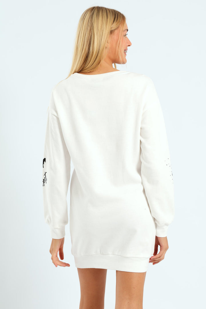 Girls Graffiti Fleece Hoodie Dress - Cream