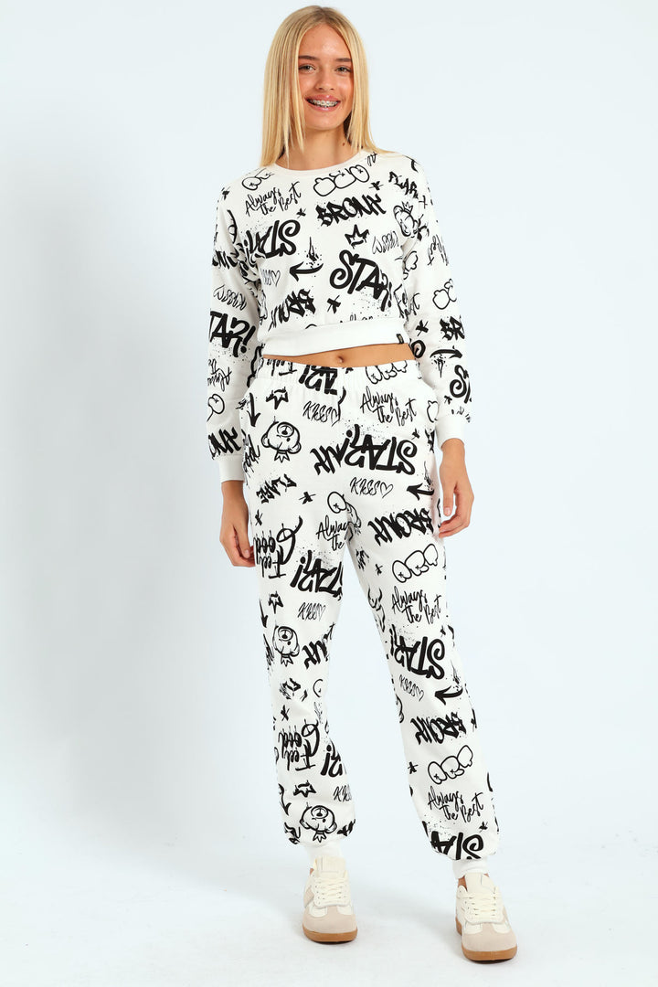 Girls Graffiti Crew Fleece Top - White