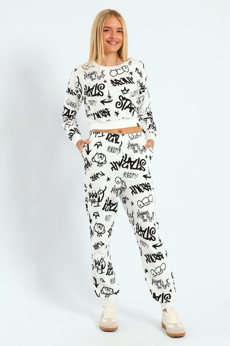 Girls Graffiti Fleece Jogger - White