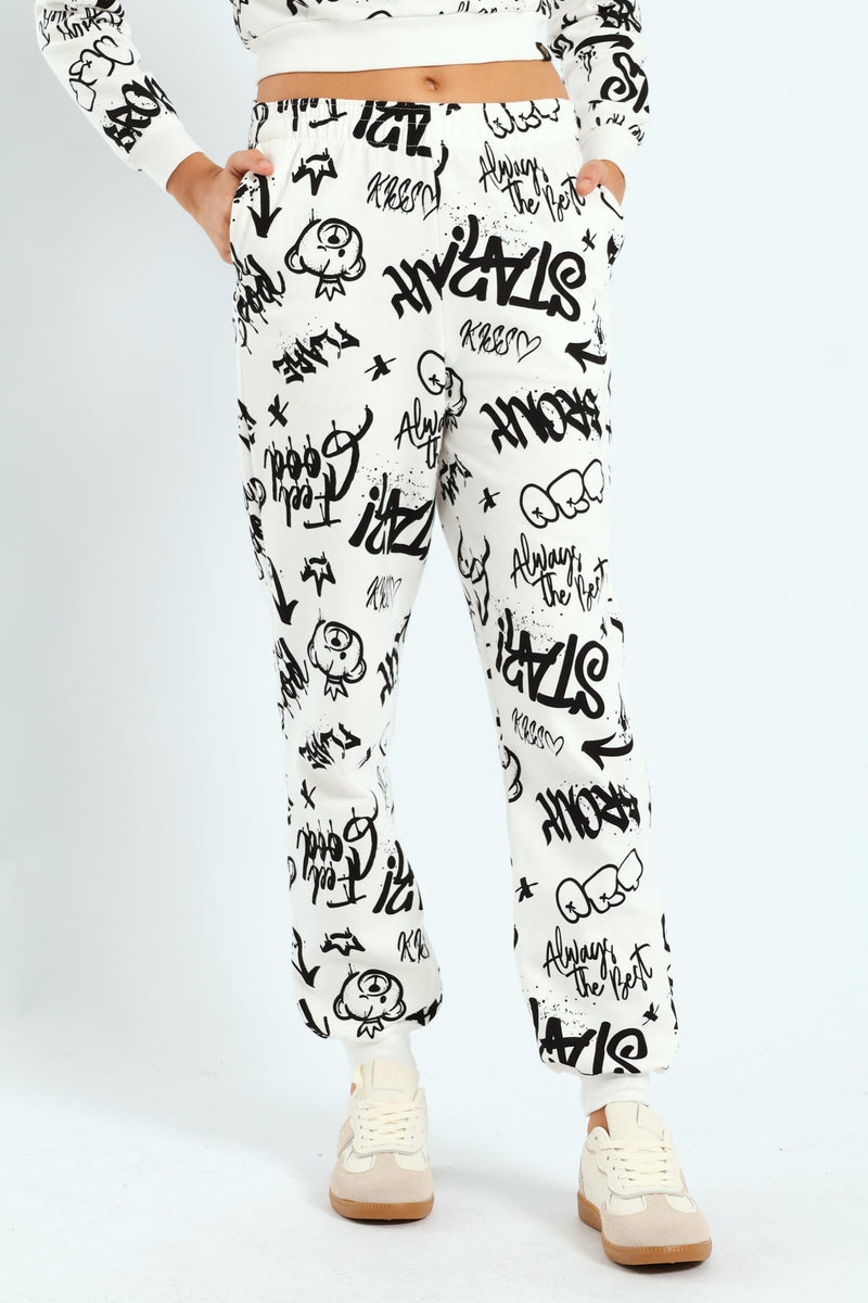 Girls Graffiti Fleece Jogger - White