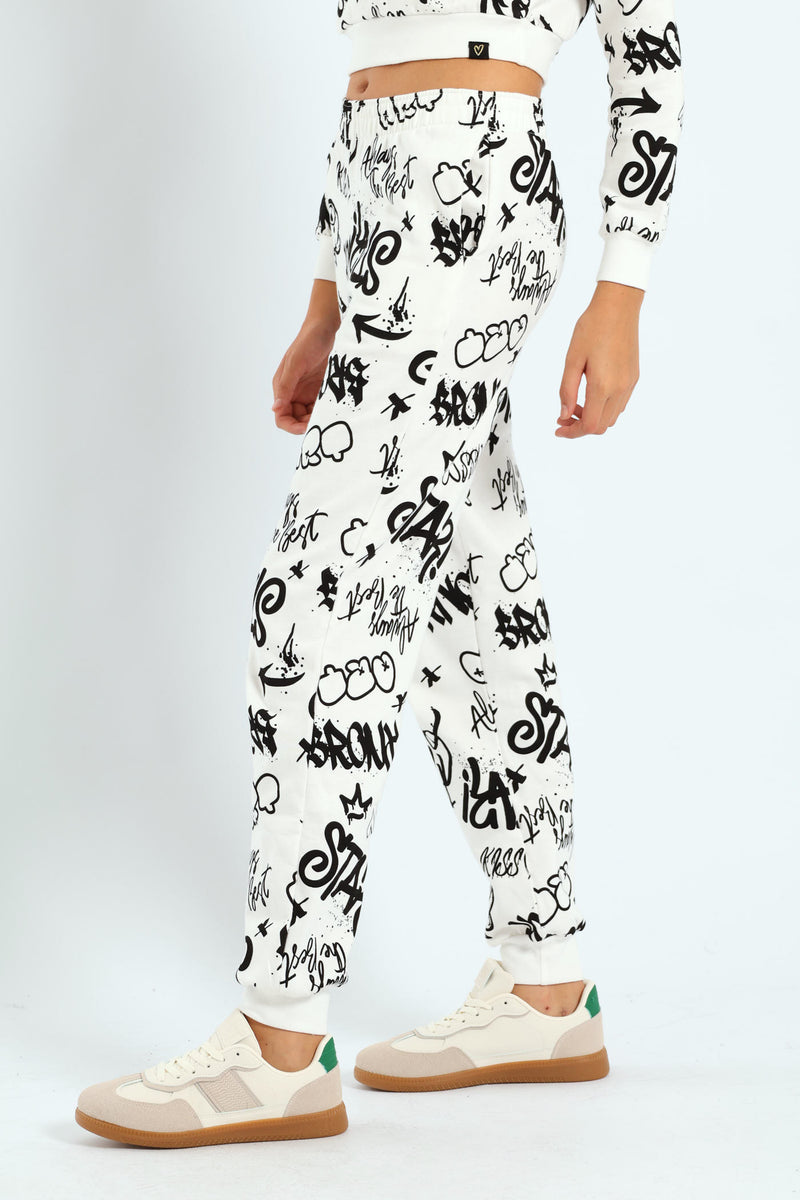 Girls Graffiti Fleece Jogger - White