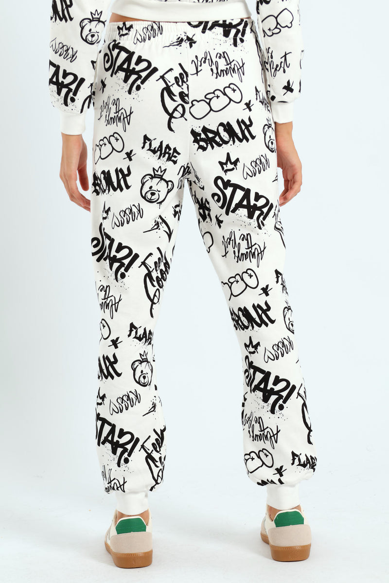 Girls Graffiti Fleece Jogger - White