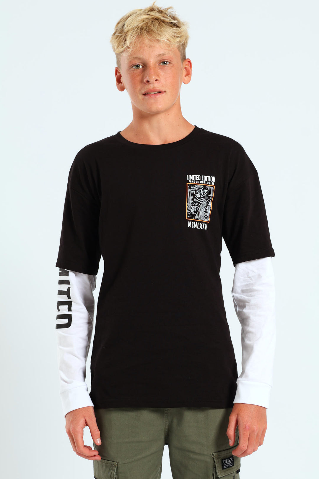 Boys Twofer Front & Back Tee - Black/White