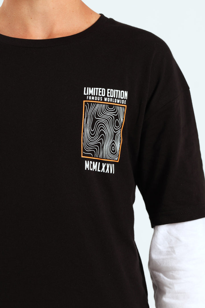 Boys Twofer Front & Back Tee - Black/White