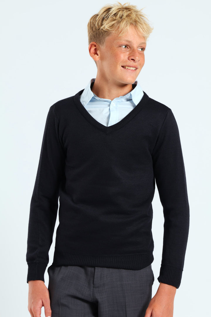 Long Sleeve V-Neck School Jersey - Dark Blue