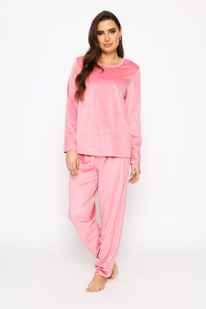 Long Sleeve Foil Spot Top & Pant Velour Sleep Set - Pink