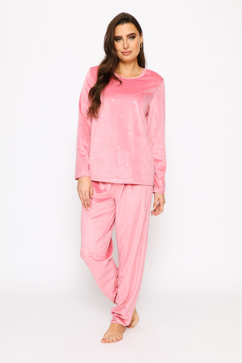 Long Sleeve Foil Spot Top & Pant Velour Sleep Set - Pink