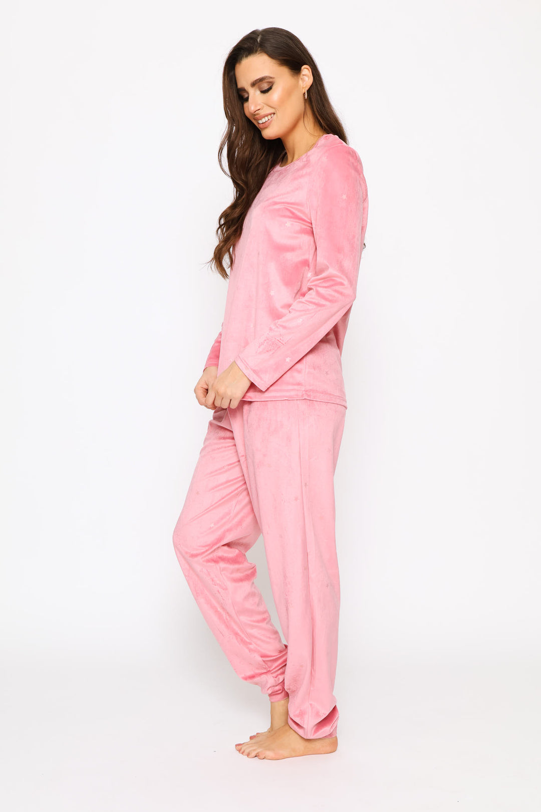 Long Sleeve Foil Spot Top & Pant Velour Sleep Set - Pink