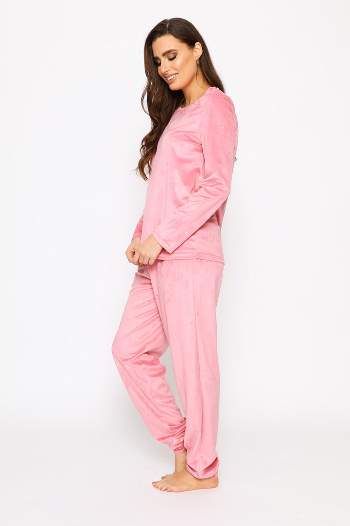 Long Sleeve Foil Spot Top & Pant Velour Sleep Set - Pink