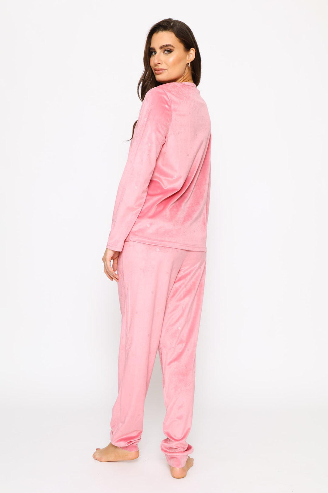 Long Sleeve Foil Spot Top & Pant Velour Sleep Set - Pink