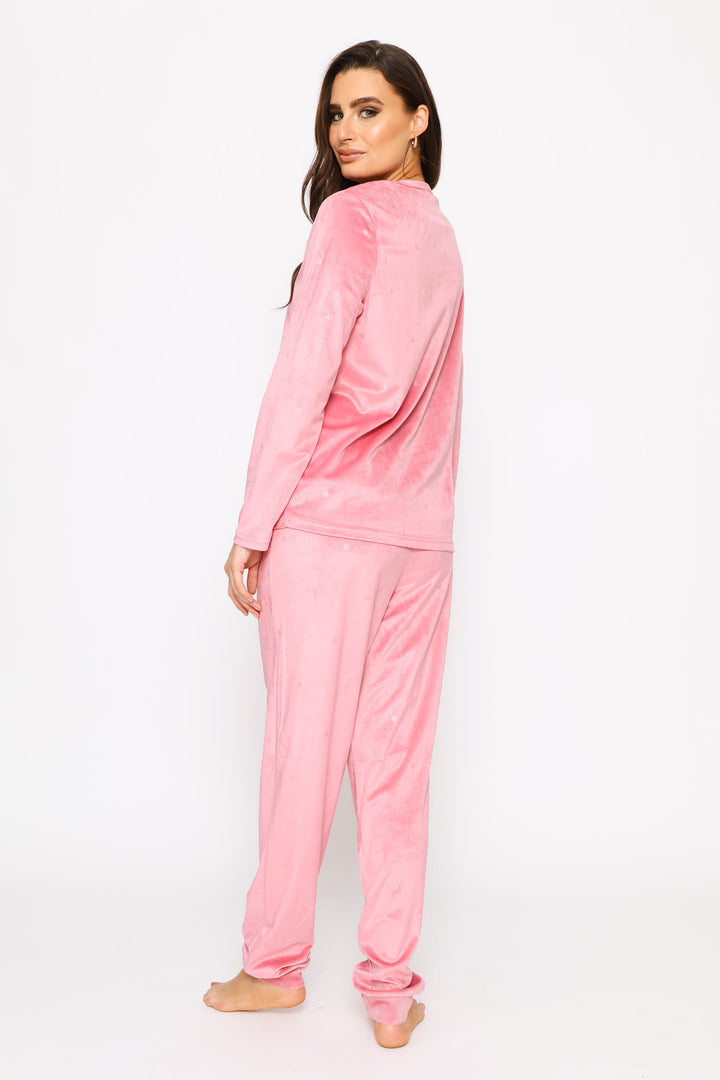 Long Sleeve Foil Spot Top & Pant Velour Sleep Set - Pink