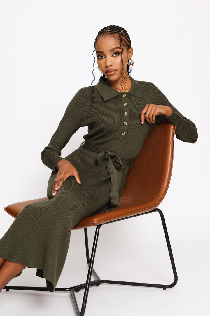 Collar Self Belt Knitwear Midi Dress - Dark Fatigue