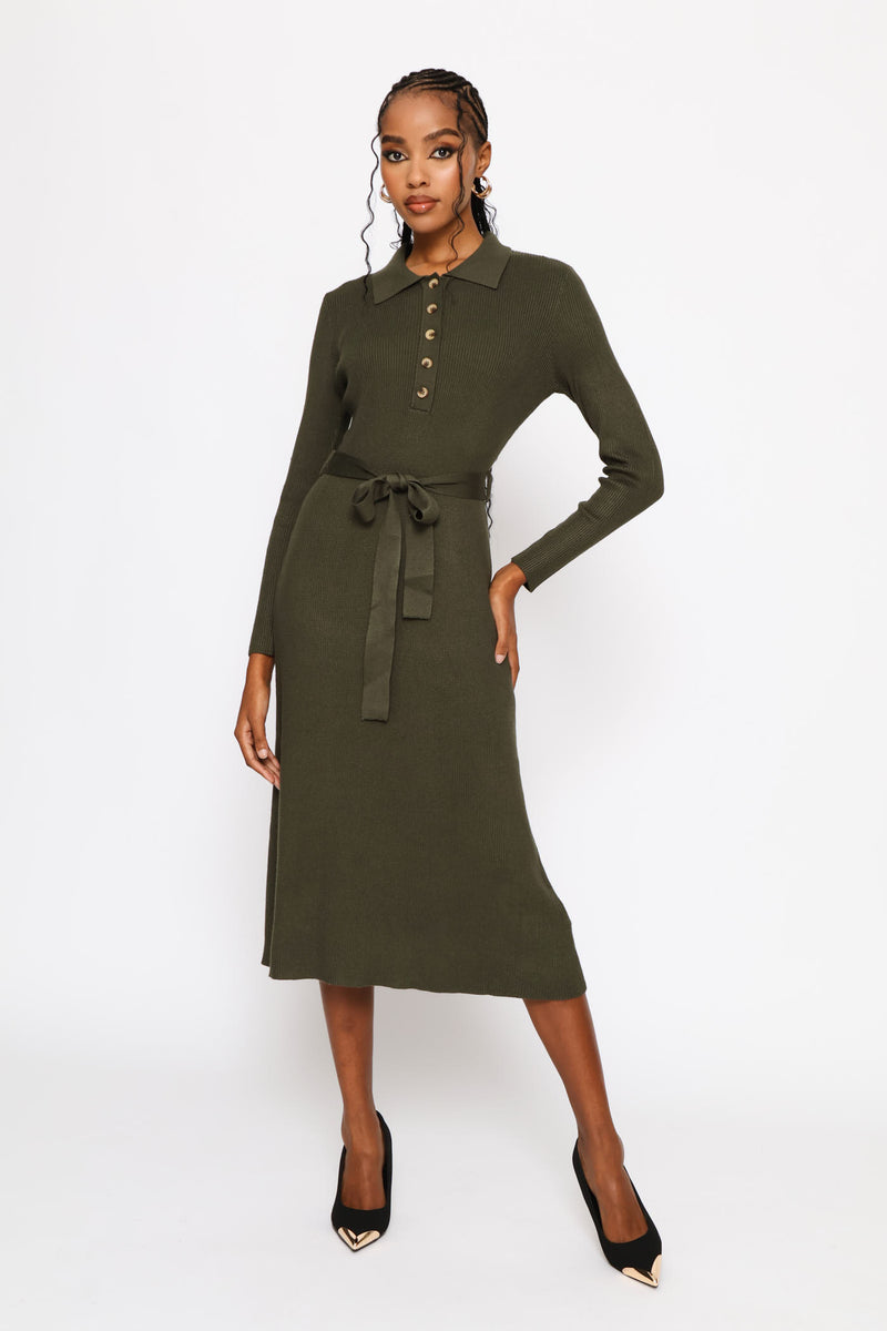 Collar Self Belt Knitwear Midi Dress - Dark Fatigue