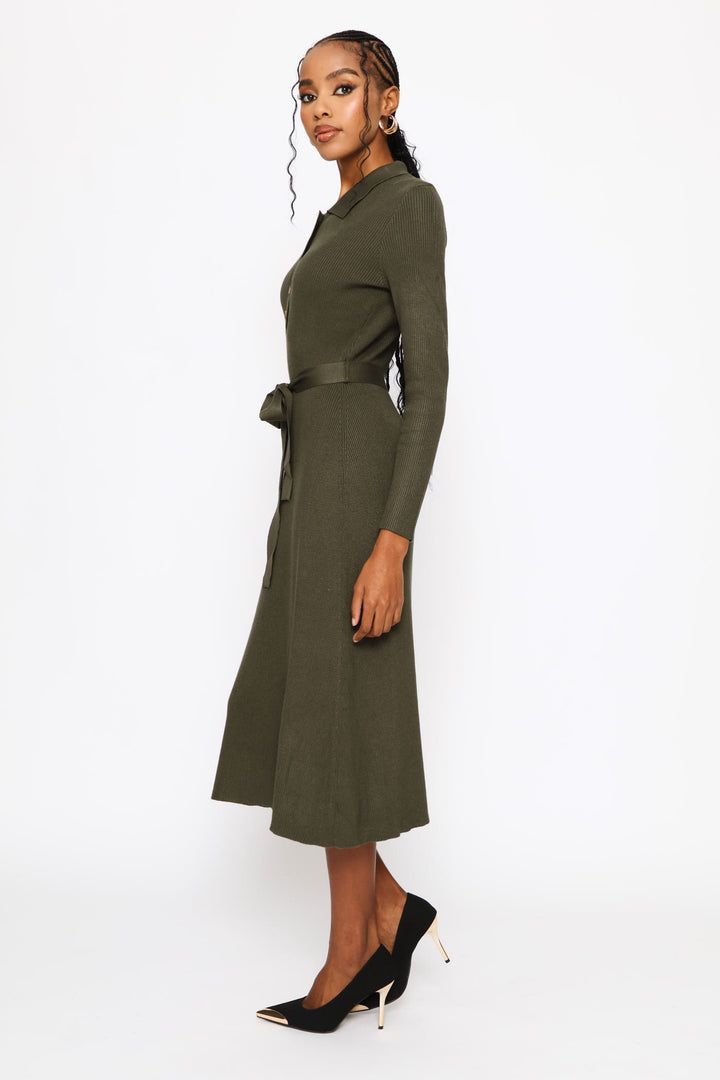 Collar Self Belt Knitwear Midi Dress - Dark Fatigue