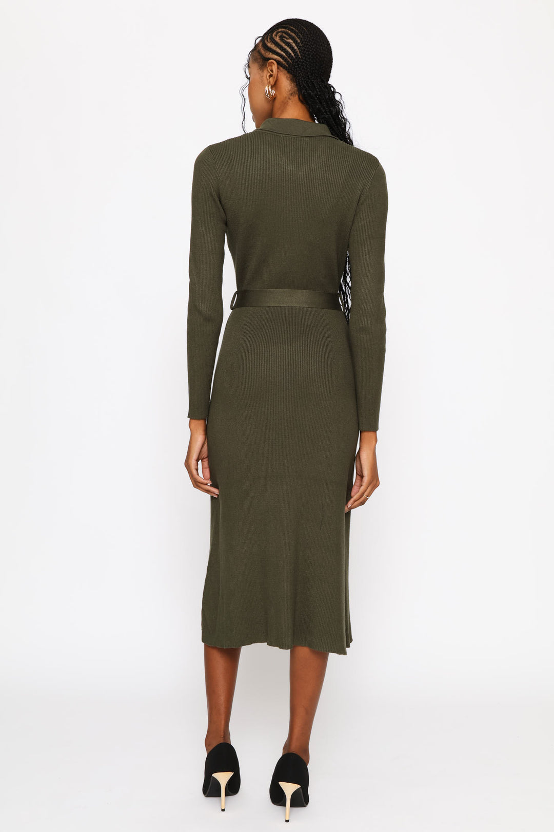 Collar Self Belt Knitwear Midi Dress - Dark Fatigue