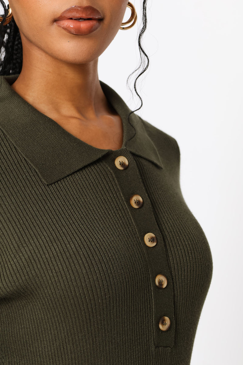 Collar Self Belt Knitwear Midi Dress - Dark Fatigue