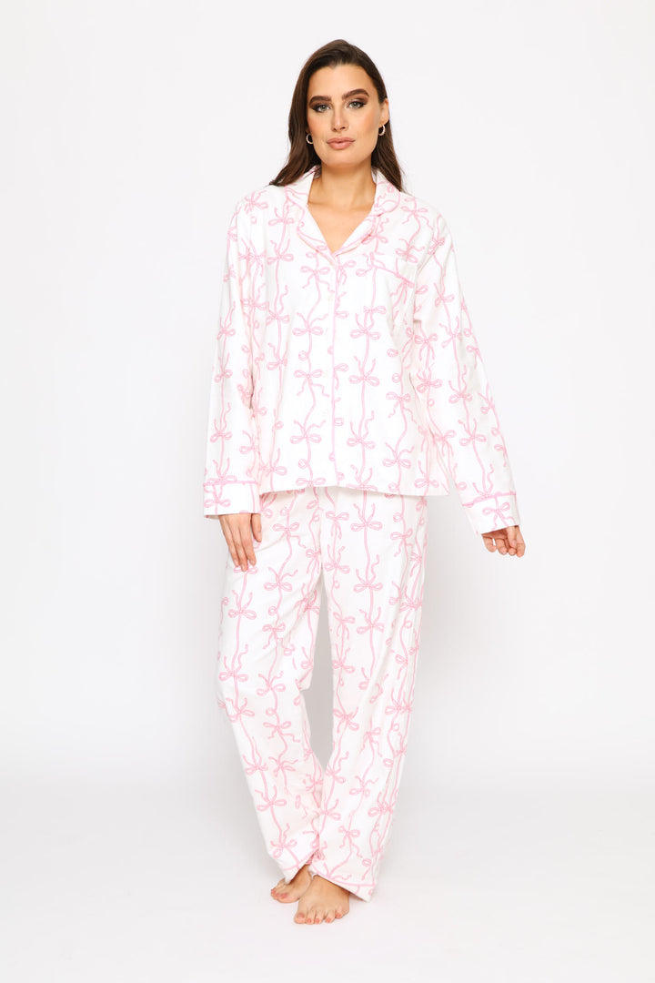 Long Sleeve Button Through & Pant Flannel Set - White/Pink