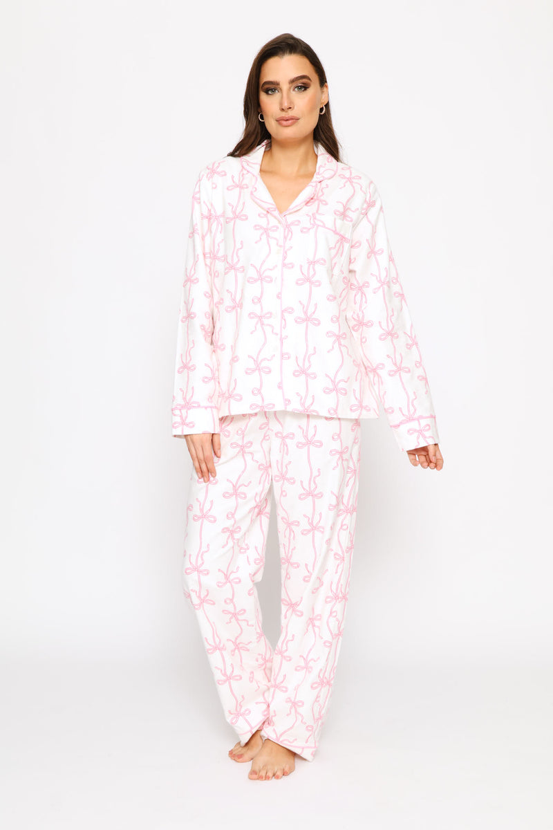 Long Sleeve Button Through & Pant Flannel Set - White/Pink