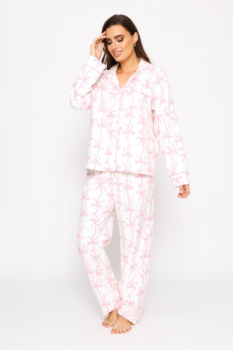 Long Sleeve Button Through & Pant Flannel Set - White/Pink