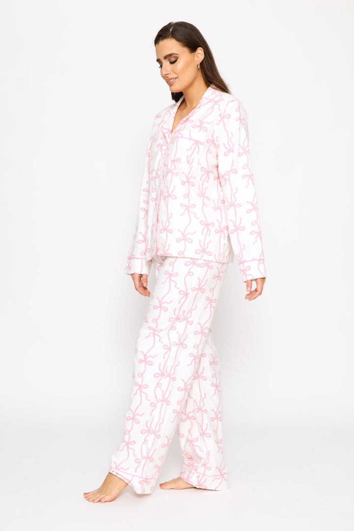 Long Sleeve Button Through & Pant Flannel Set - White/Pink