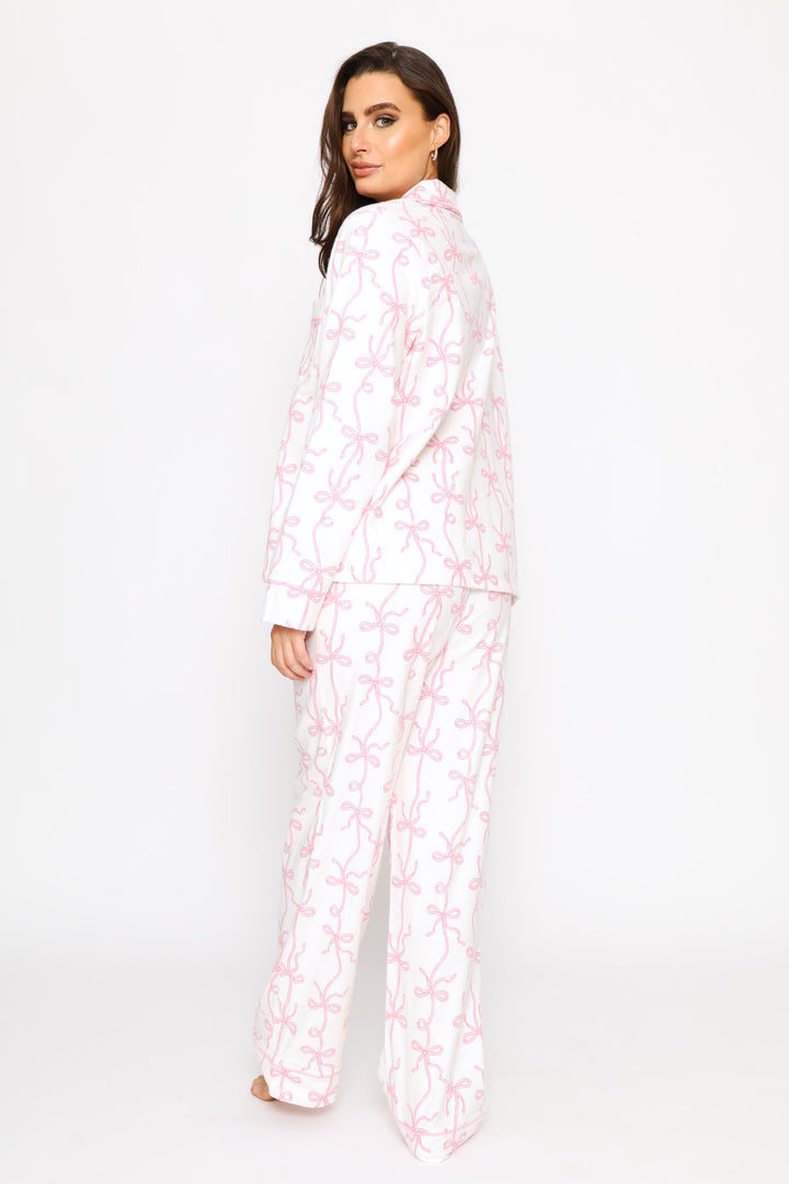 Long Sleeve Button Through & Pant Flannel Set - White/Pink