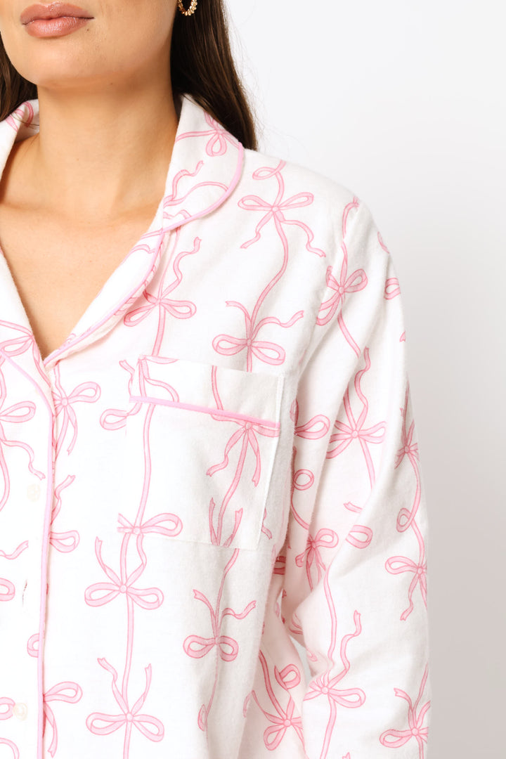 Long Sleeve Button Through & Pant Flannel Set - White/Pink