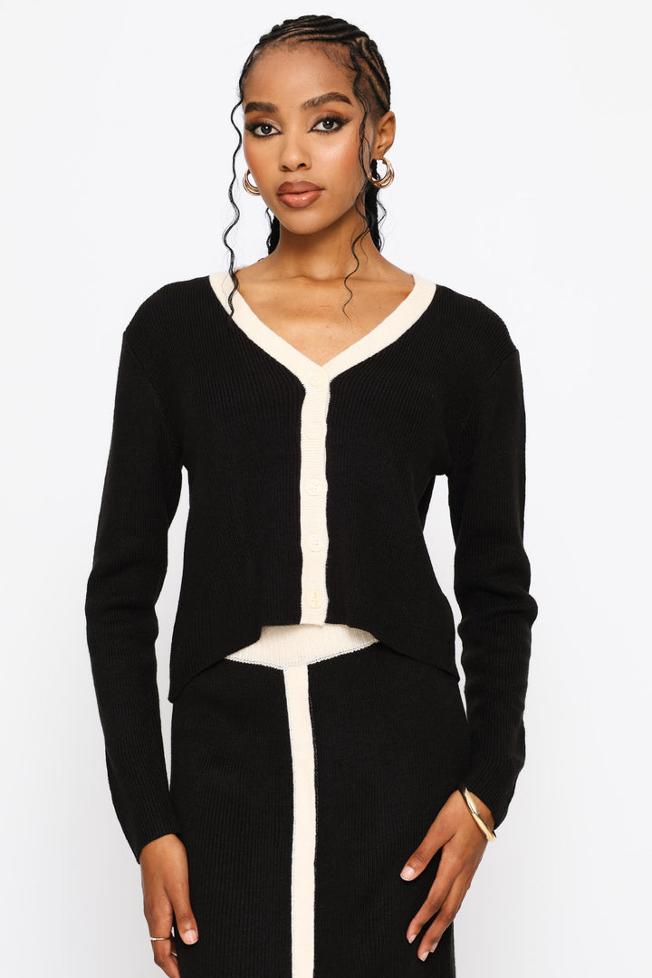 Long Sleeve Contrast Cardigan - Black
