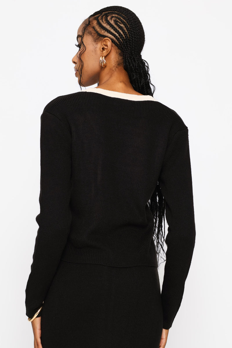 Long Sleeve Contrast Cardigan - Black