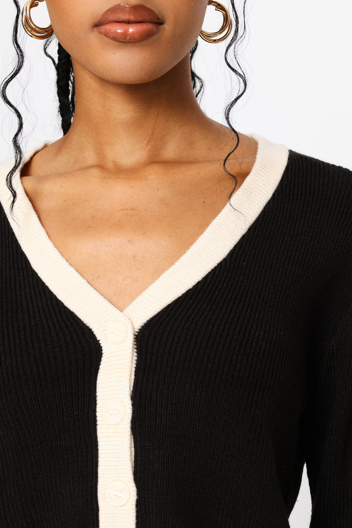 Long Sleeve Contrast Cardigan - Black