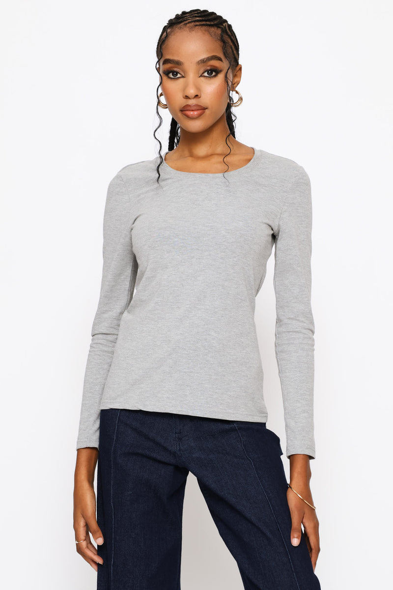 Long Sleeve Cotton Lycra Crew Tee - Grey Melange