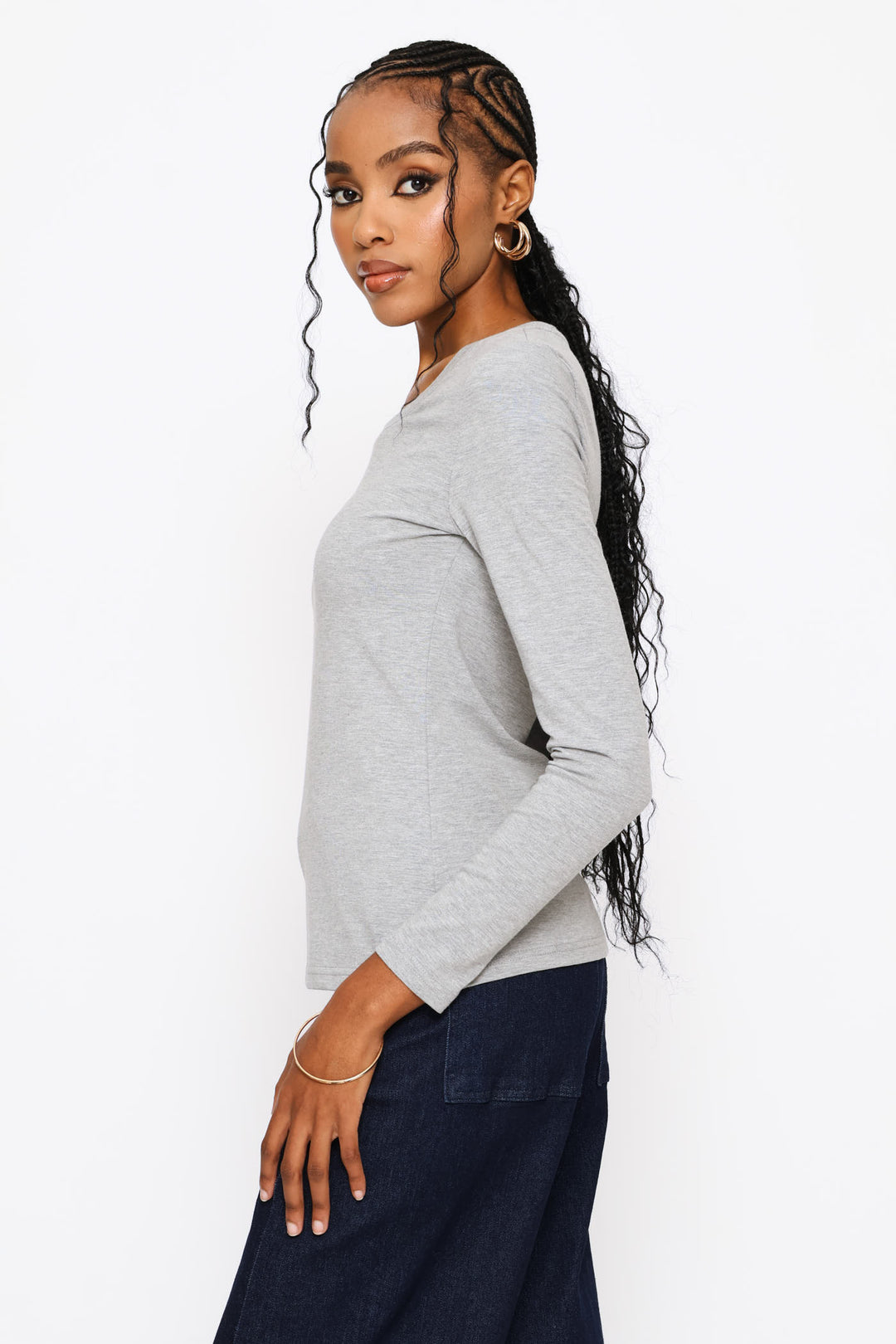 Long Sleeve Cotton Lycra Crew Tee - Grey Melange