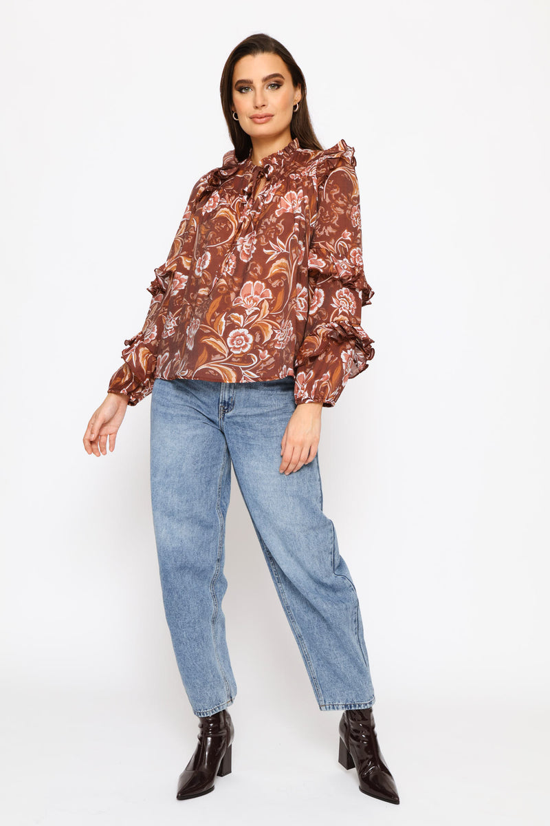 Long Sleeve Ruffle Boho Blouse - Brown