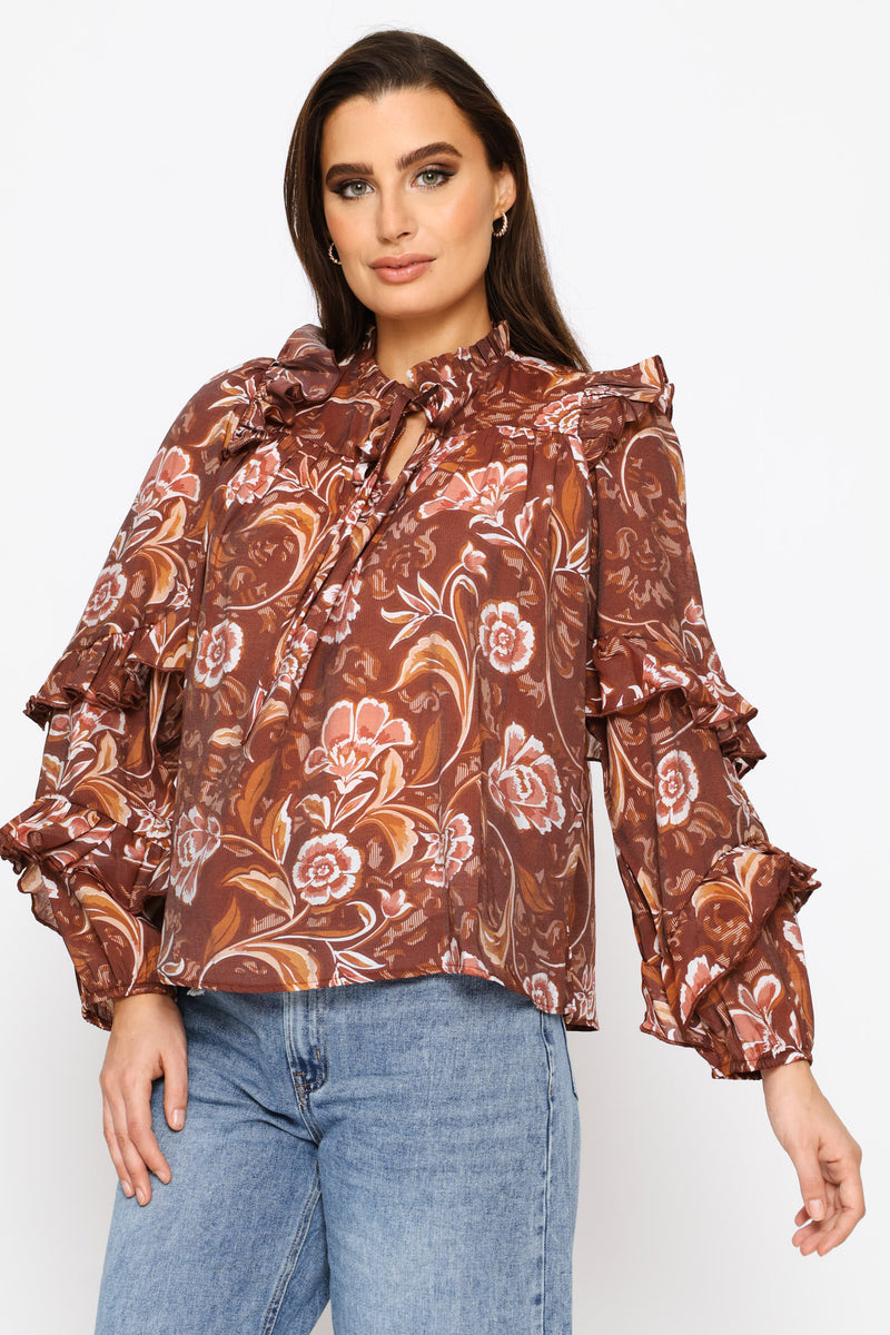 Long Sleeve Ruffle Boho Blouse - Brown