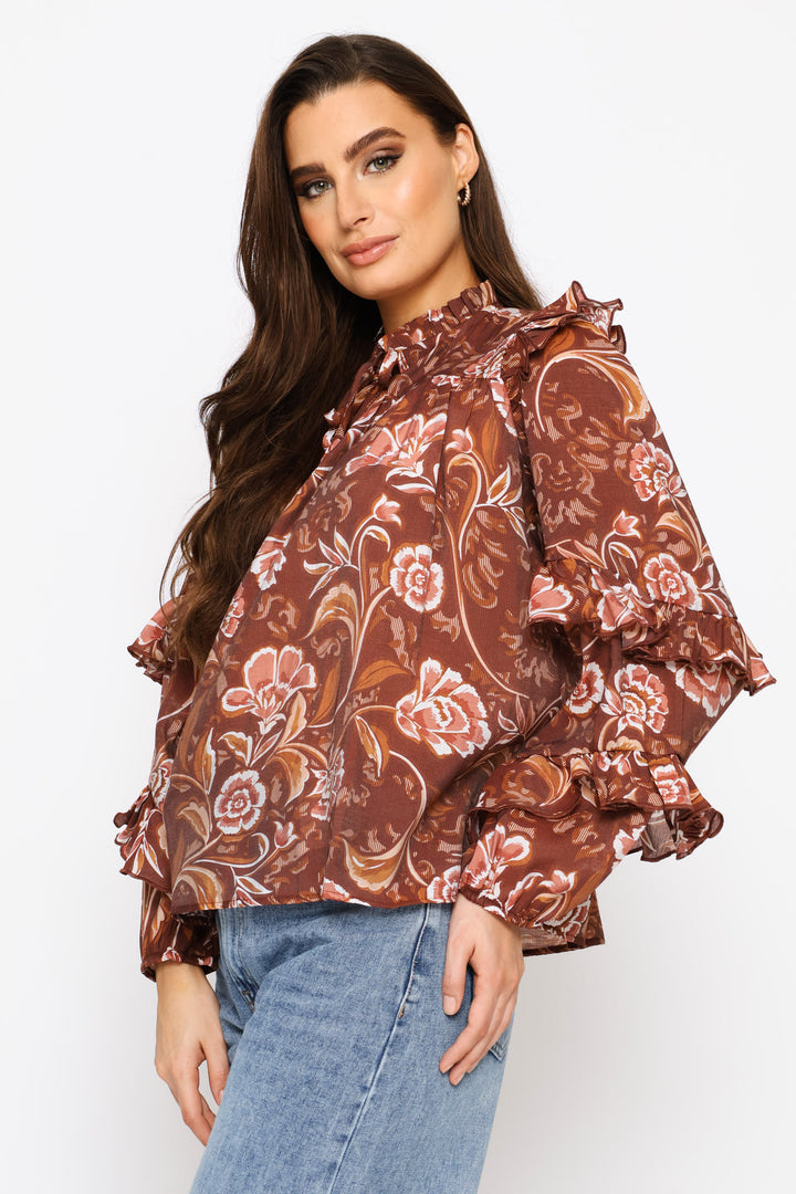 Long Sleeve Ruffle Boho Blouse - Brown