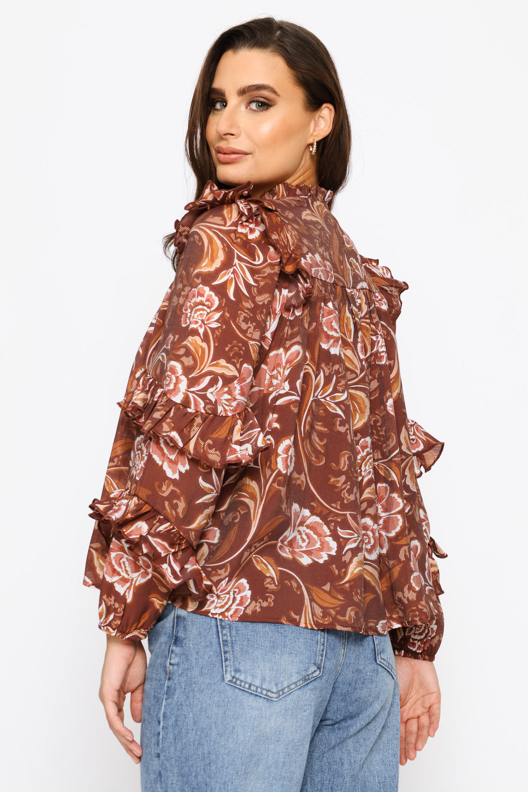 Long Sleeve Ruffle Boho Blouse - Brown