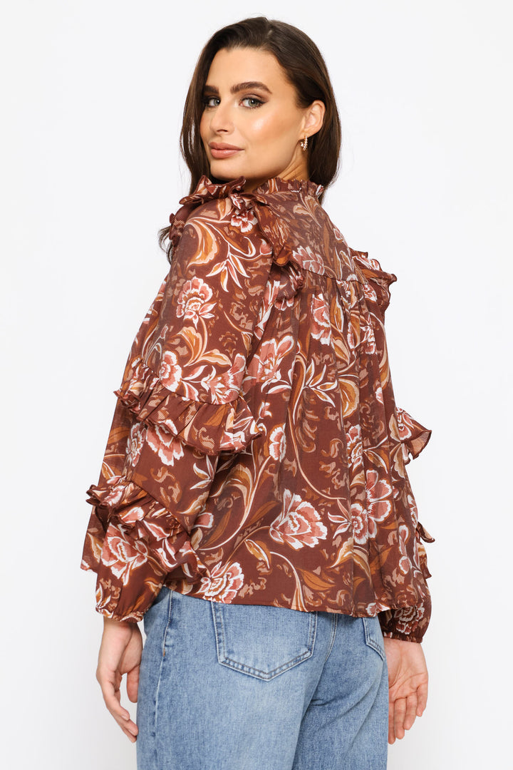 Long Sleeve Ruffle Boho Blouse - Brown