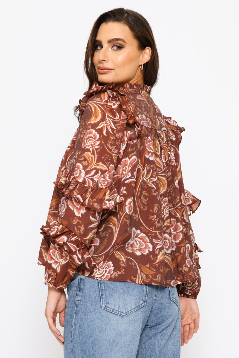 Long Sleeve Ruffle Boho Blouse - Brown